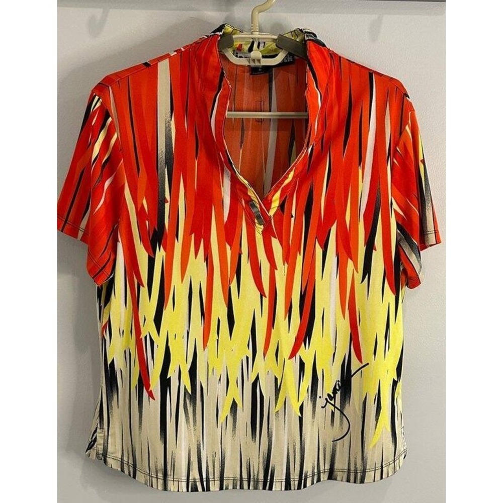 Jamie Sadock V Neck Short Sleeve Golf Shirt Orange Print Metal Trim Piece Size M